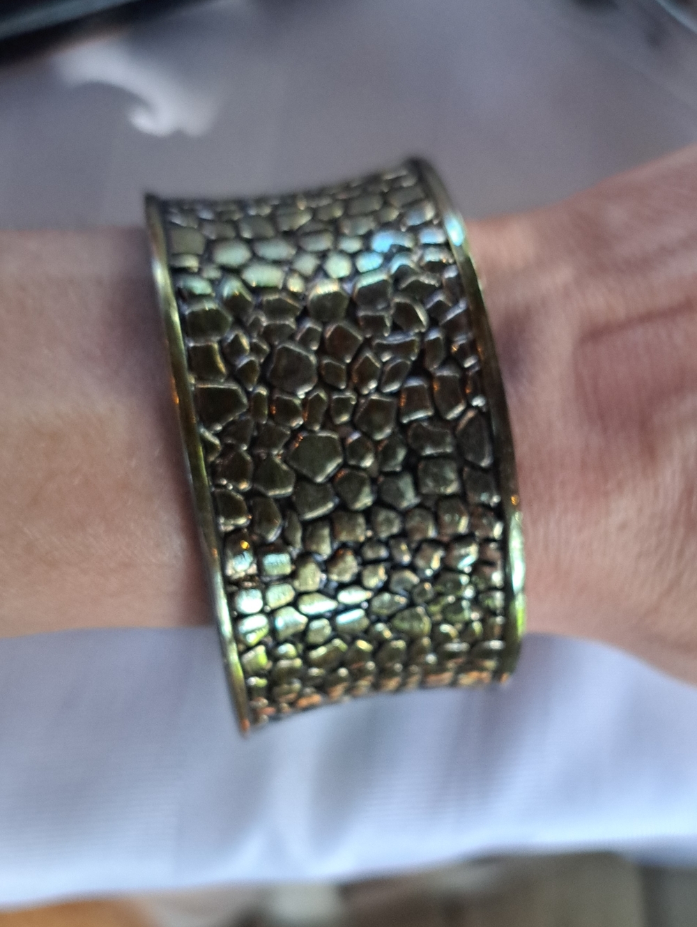 Textured Metallic Cuff Bracelet in Olive-Green